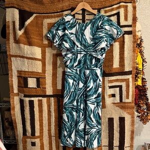 Linen Elegant Green Leaf Print Dress